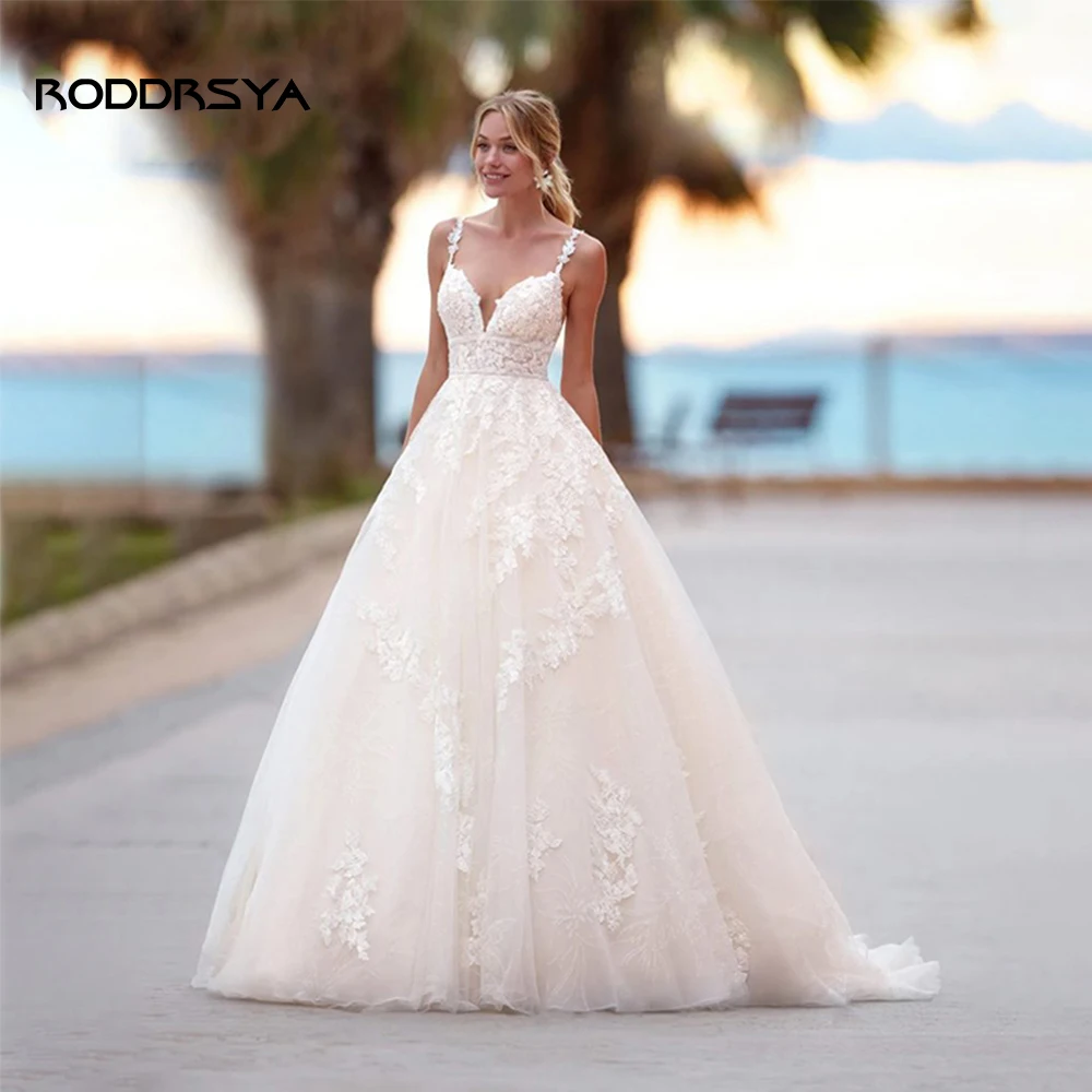 RODDRSYA-Robe de mariée dos nu à col en V avec appliques A-Line pour femmes, dentelle de luxe pour les patients, fête éducative, sur mesure, 2024 Robe de mariée dos nu à col en V avec appliques A-Line pour femmes, dent