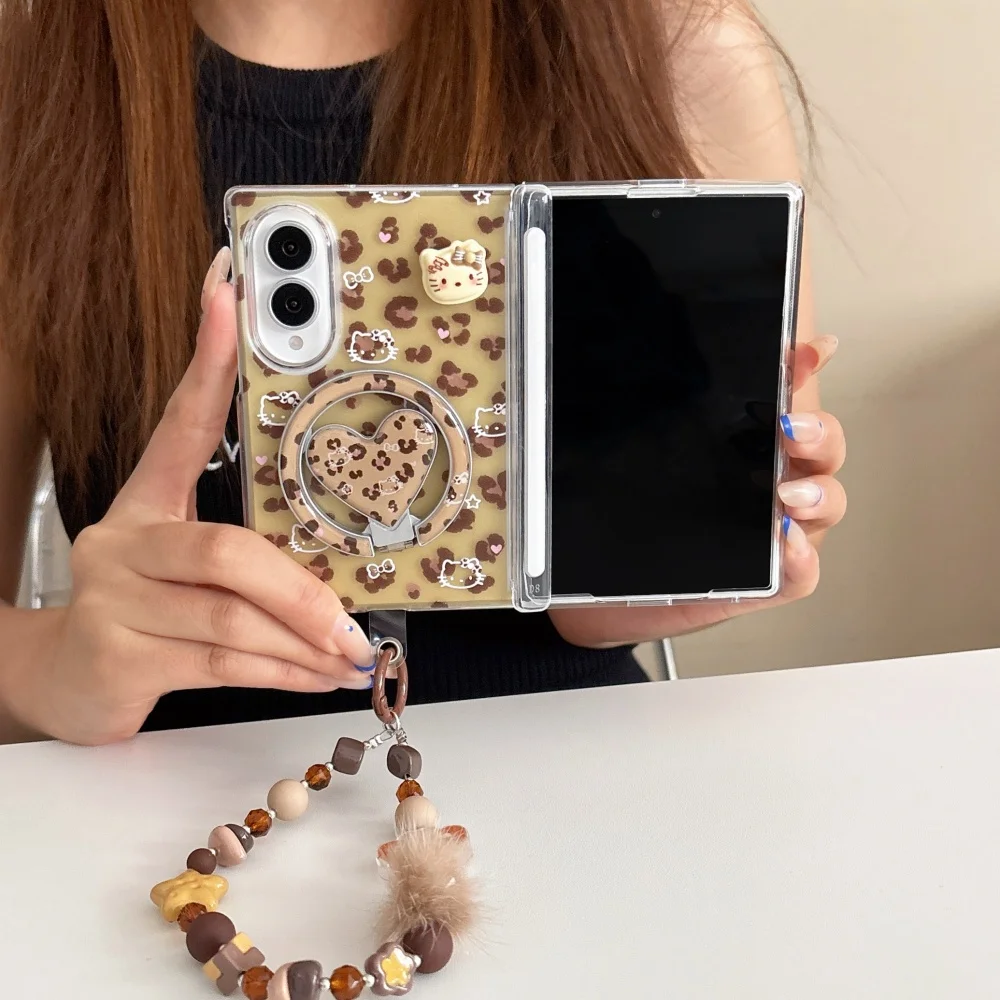 Magnetyczne etui na telefon z motywem kota w panterkę, przeznaczone do modeli Samsung Galaxy Z Fold 8, Ultra Fold 7, Fold 7, 6, 5, z funkcją podstawki Magsafe i łańcuszkiem.