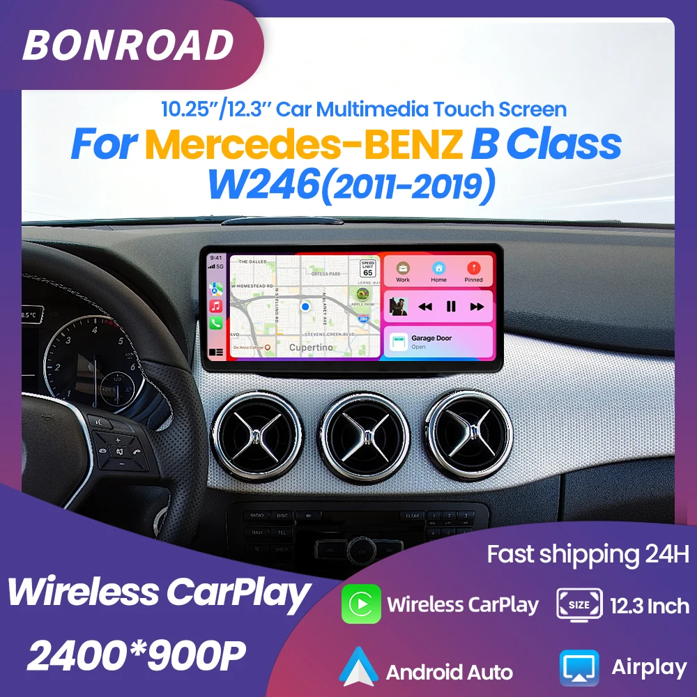 BONROAD Linux, autoradio con schermo touchscreen da 12,3 pollici, risoluzione 2400x900, connettività wireless CarPlay, lettore multimediale, compatibile con Mercedes Benz Classe B W246 W242