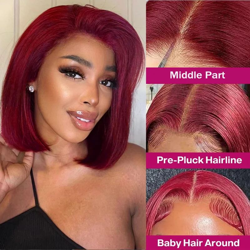 99J Wig Bob pendek renda depan warna merah rambut manusia 16 inci pendek Bob 99J Burgundy 13x4 Wig Frontal renda telah ditanami untuk wanita