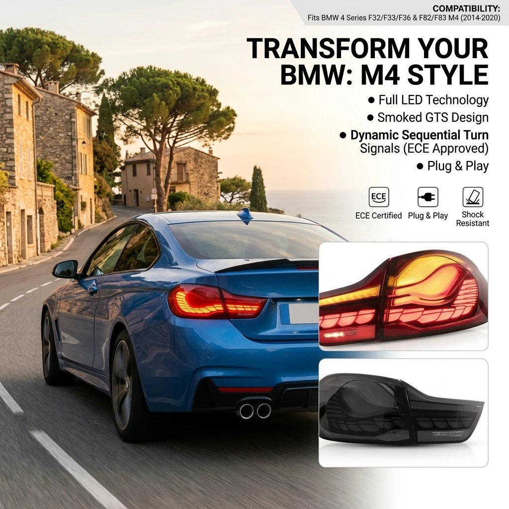 M4 GTS Style OLED LED Rückleuchten Set für BMW 4er F32 F33 F36 F82 M4 2014-2020 Heckleuchten mit Dynamischer Startanimation Sequentieller Blinker, Plug & Play Ohne Fehlermeldung Canbus Schwarz Getönt