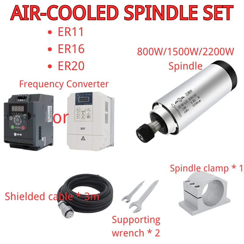 Air-Cooled Spindle Package Spindle ER11/16/20 Inverter 220V Bright Stainless Steel Air-Cooled Spindle Set