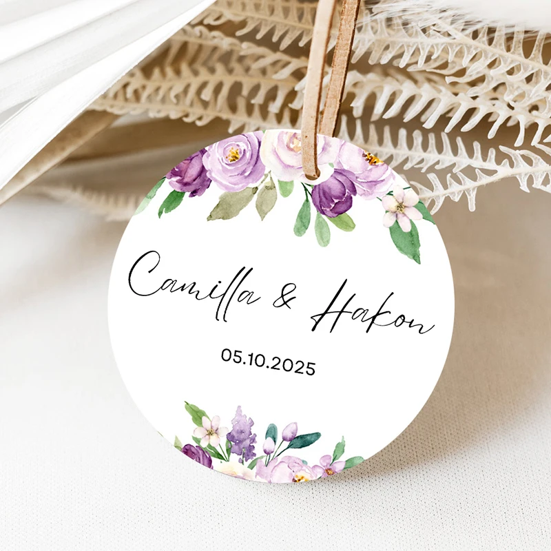 Personalized Wedding Tag,1.5-3inchs Thank You Tags,Custom Names & Date Lavender Purple Gift Candy Favors Round Tags