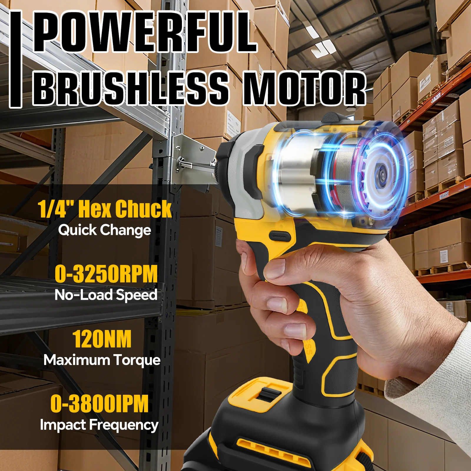 120N.m 1/4'' Brushless Electric Screwdriver Electric Drill Impact Driver Kit 3 Variable Speed for Dewalt 20V Battery Pin