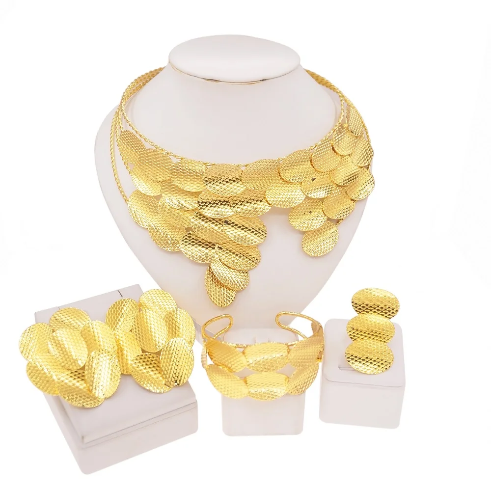 Jewelry Sets For Women Brazil Gold Plated Wedding Necklace Bracelet Sequin Design Luxurious Gold Color Earrings