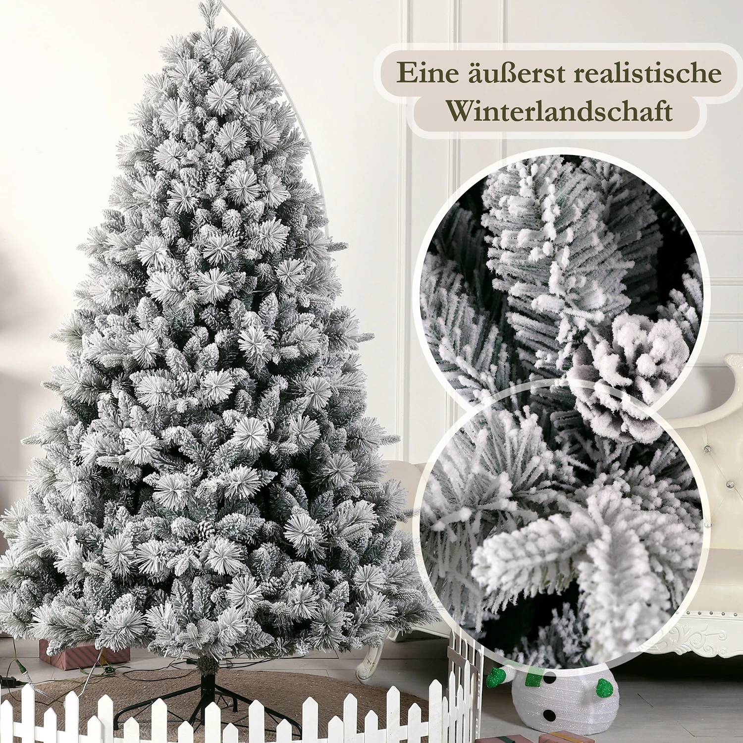 210 cm großer weißer Schnee-Kunstkerbaum mit 350 warmweißen LEDs, 1348 Spitzen, PVC + PE, Metallständer, faltbarer, einfach zu montierender Baum – Detail 2