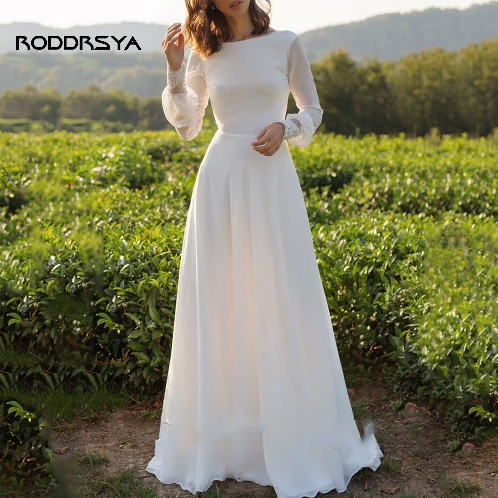 Roddresy boho vestido de casamento para a noiva elegante mangas compridas rendas chiffon praia vestidos de noiva scoop neck varredura trem robe de mariée