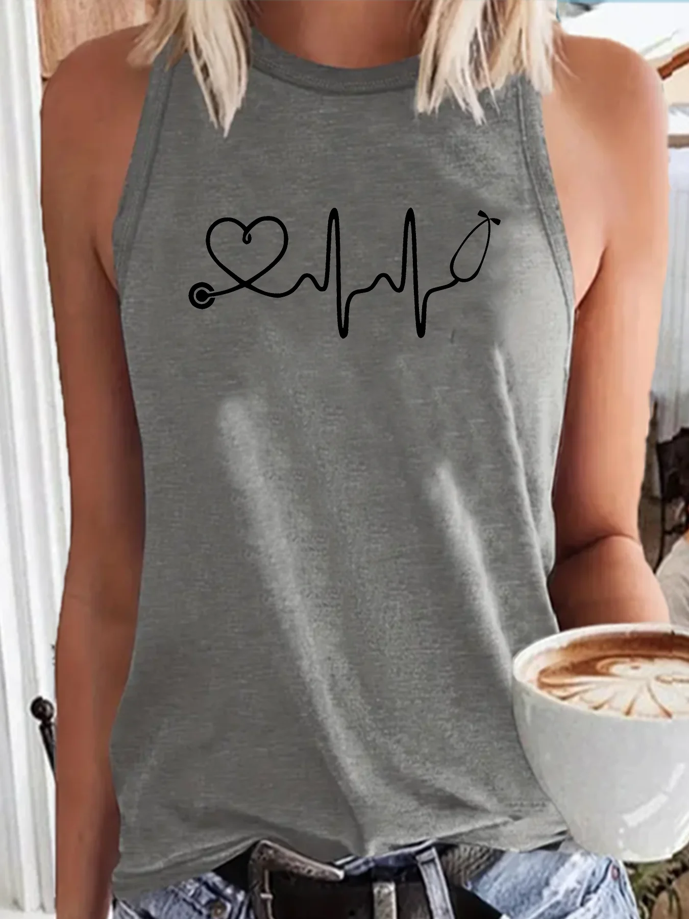 Love Heartbeat Speeds Up Fashion Funny Sports Women's Tank Top Loose O Neck Sleeveless Casual Tank