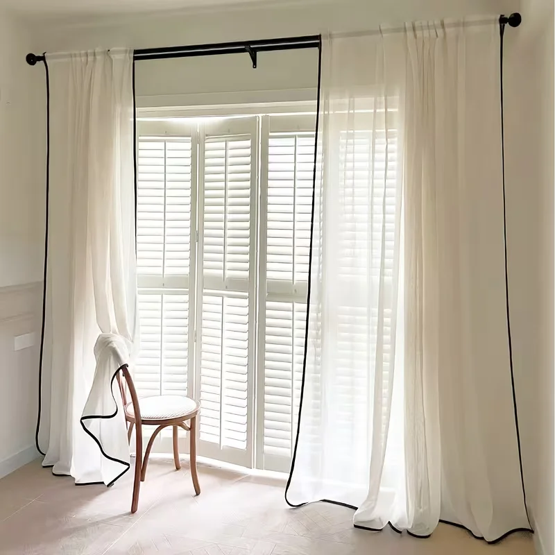 1pc White Sheer Curtains with Black Scalloped Trim, Light Filtering French Style Window Drapes for Living Room Bedroom