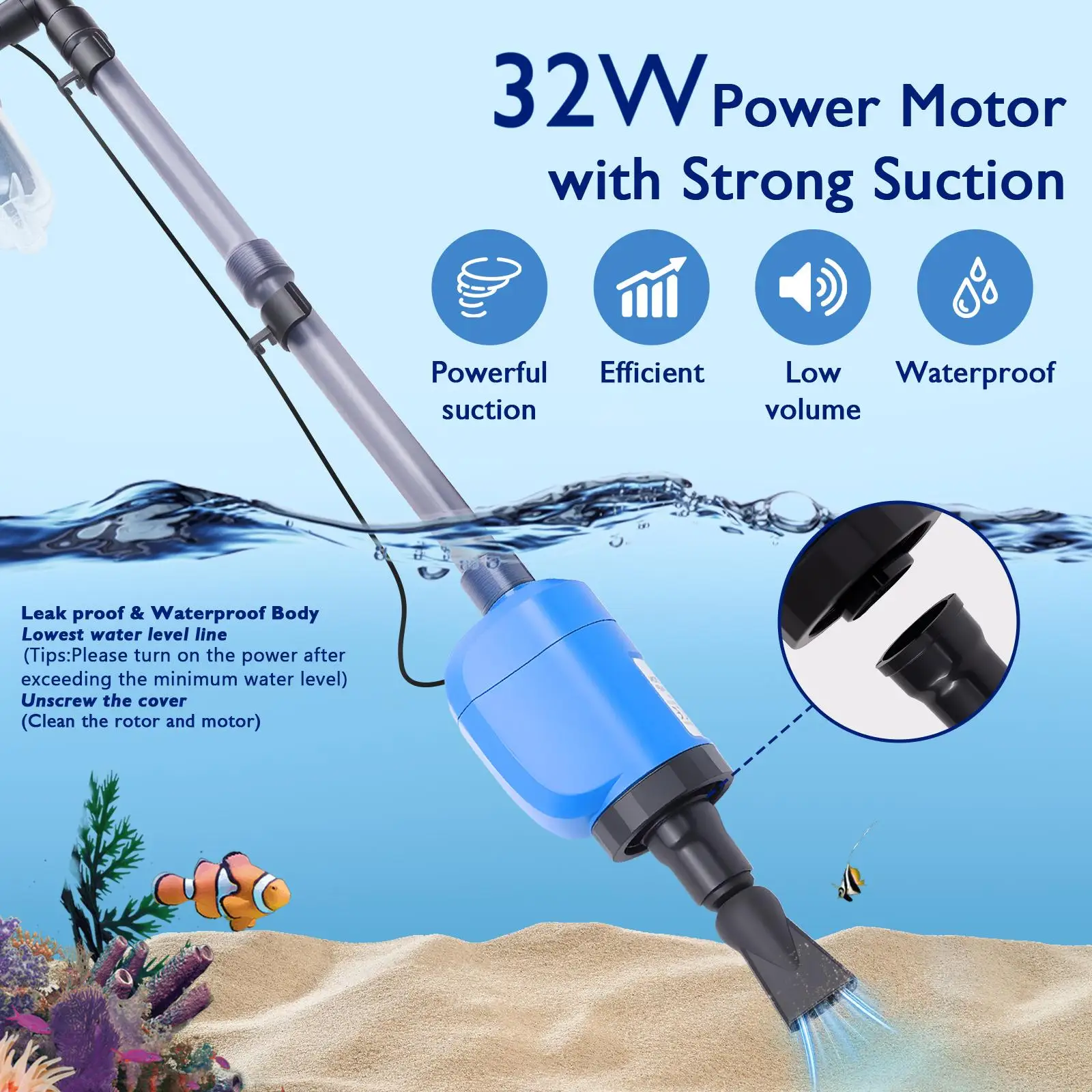 Electric Fish Tank Cleaner Vacuum - 32W 530GPH Aquarium Gravel Cleaner, Automatic Water Changer Kit with 4-Layer Filter, Telescopic Pole for Sand Washing, Dry Hands & Plug & Go Functionality
