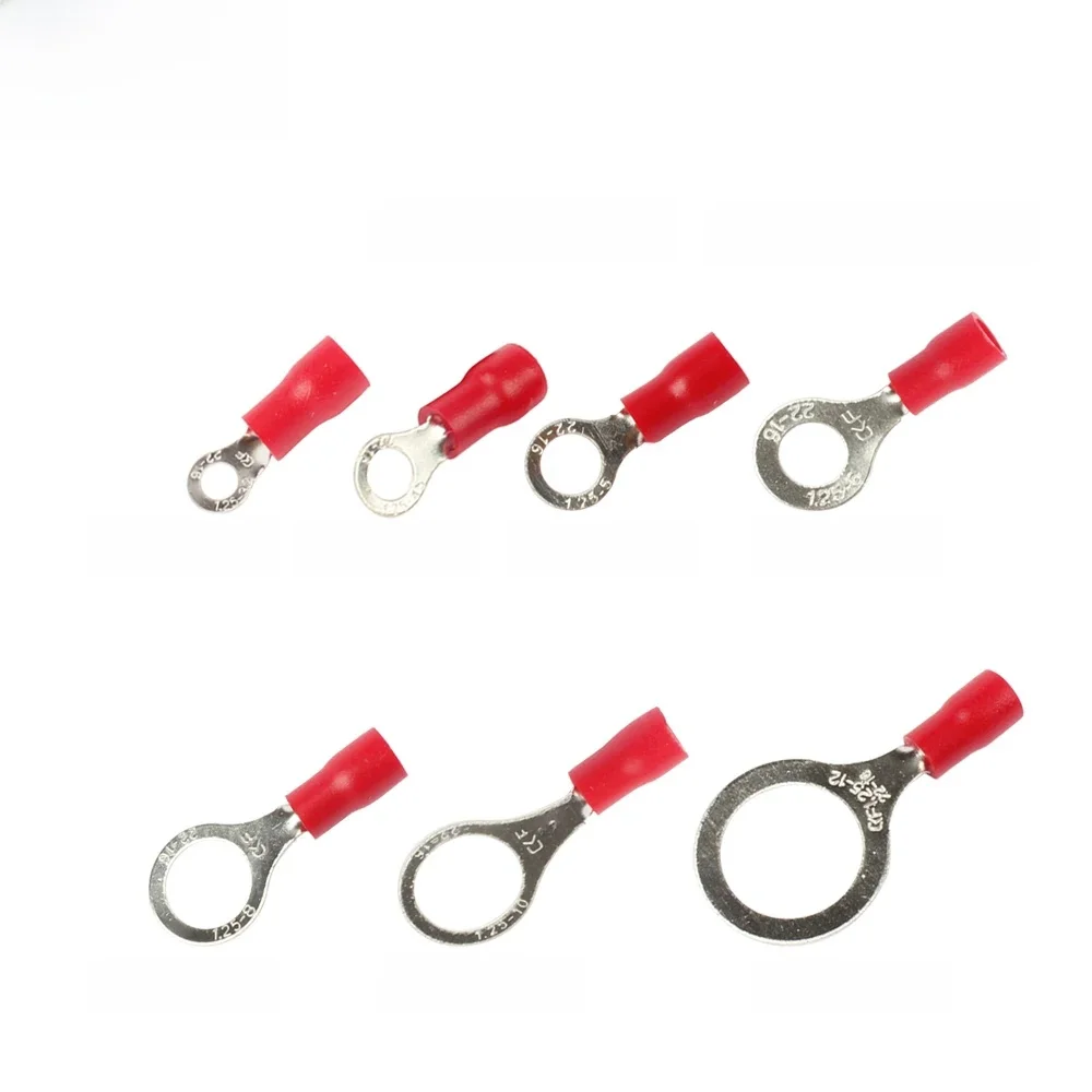 10 pièces 100 pièces 50pcs rouge RV1.25- 3 4 5 6 8 10 12 anneau connecteur de fil isolé Terminal à sertir électrique connecteur de fil de câble AWG