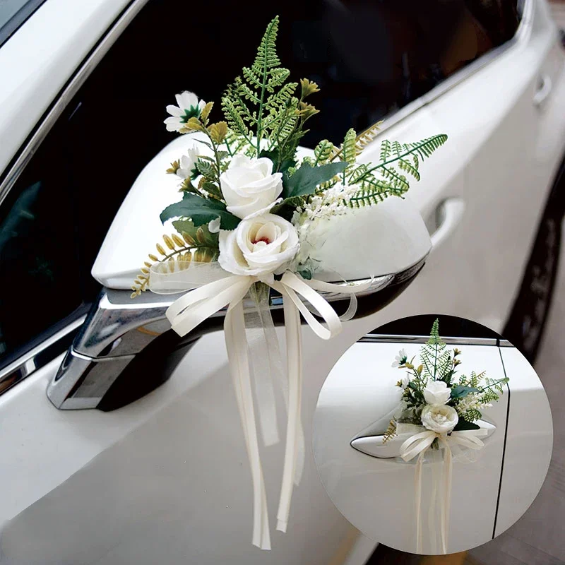 4 STKS Kunstbloem Decoratie Outdoor Auto Spiegel Deur Romantische Bloemen Bruiloft Decor Lint Nep Bloem Decoratie Benodigdheden - afbeelding 2