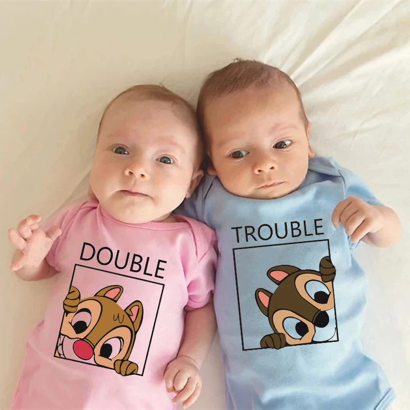 Funny Chip and Dale Disney Baby Bodysuits Cotton Short Sleeve Double and Trouble Twins Rompers Infant Boys Girls Ropa Clothes