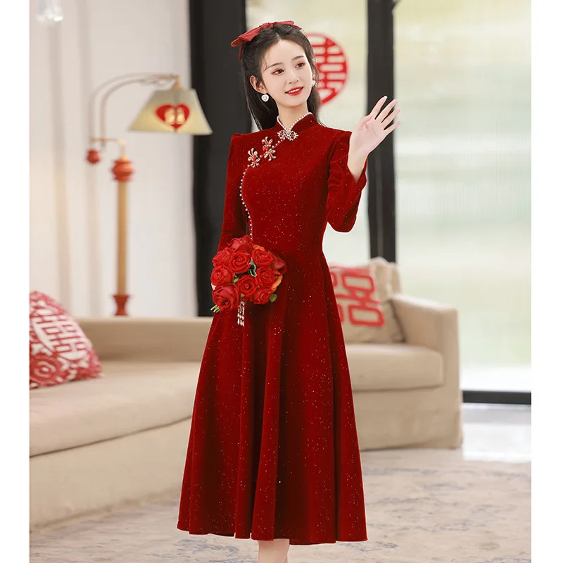 Toast cheongsam bride wedding wine red engagement evening dress female