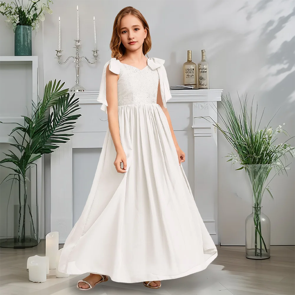 Vestido de dama de honor con cuello en V, vestido de niña de flores azul celeste, corte en A, gasa, encaje, largo hasta el suelo, boda de primavera