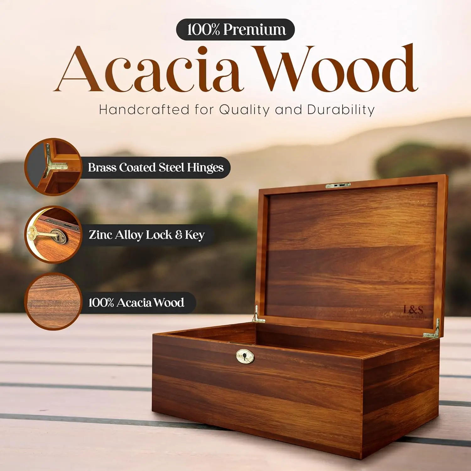 

Decorative Wood Gift Chest Hinged Lid with Locking Key Jewelry Box Organizer for Keepsake Storage
