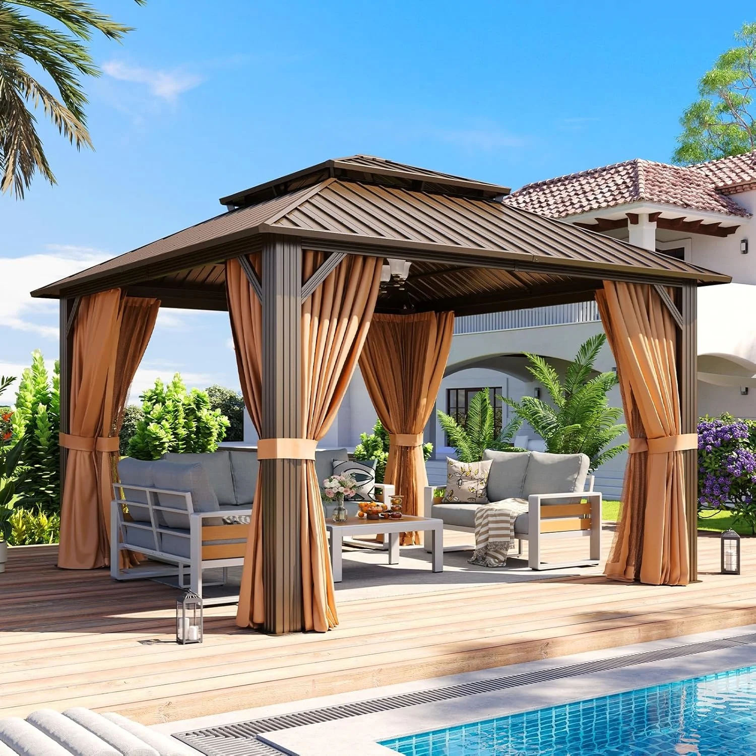 

Nordivale 12x12FT Outdoor Gazebo Heavy Duty Canopy Pavilion Double Roof Patio Pergola with Netting Curtains for Backyard Garden Brown