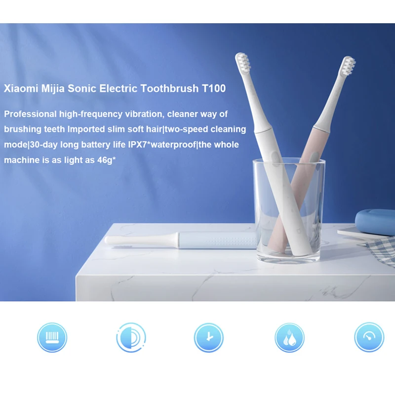 XIAOMI Mijia T100 Sonic Electric Toothbrush Mi Smart Tooth Brush Colorful USB Rechargeable IPX7 Waterproof For Toothbrushes head