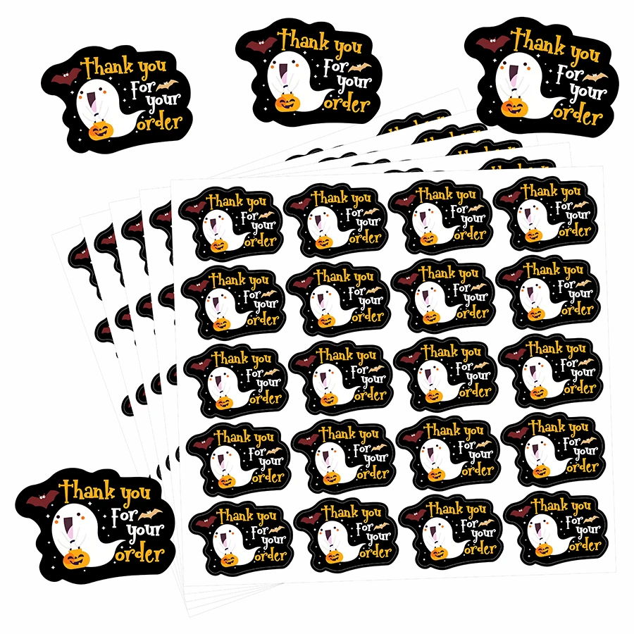 100 Pcs Halloween Thank You Stickers for Small Business –Black Ghost-Themed Packaging Labels,  , Self-Adhesive