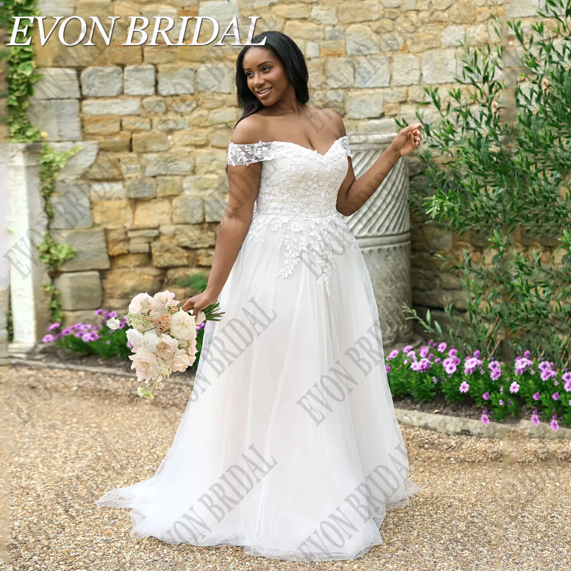 

EVON BRIDAL Oversize V-Neck Wedding Gowns Off Shoulder Applique vestidos de novia Customized Boho Bride Dress A-Line Tulle