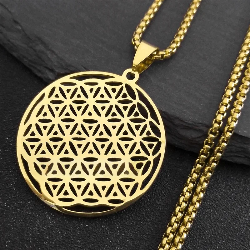 Blume des Lebens Edelstahl lange Halskette für Frauen Männer Gold Farbe Mandala Metatron Halsketten