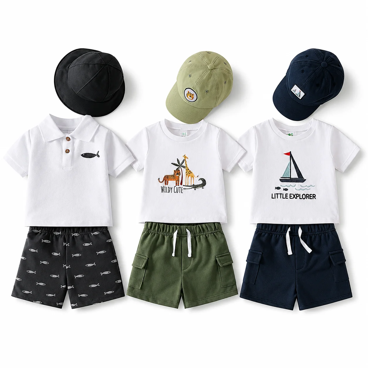 Conjunto Bebê Menino 3 Peças com Camiseta, Short e Chapéu
