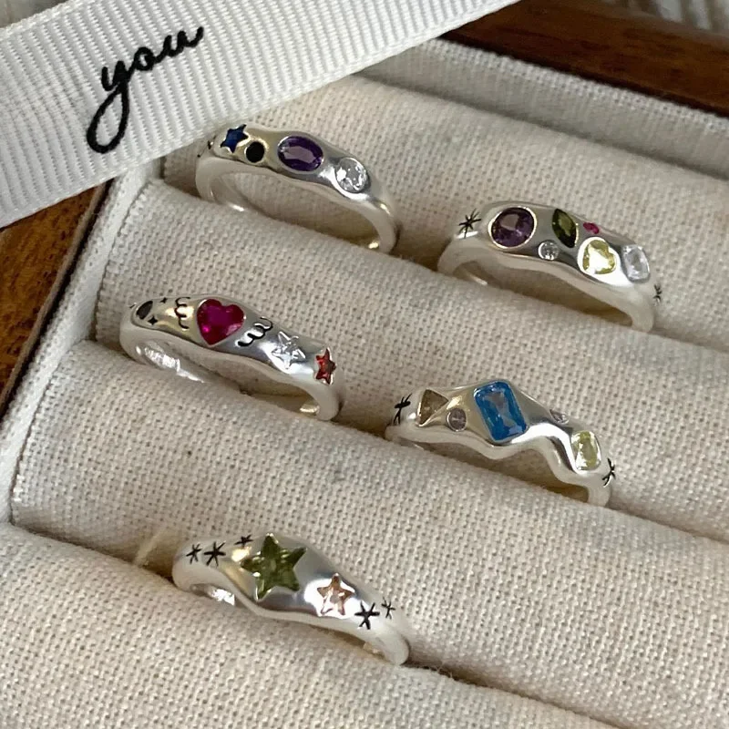 925 Sterling Silber Einfache Bunte Herz Stein Ringe Für Frauen Geometrische Mode Einfache Offene Handgemachte Allergie Party Schmuck Geschenk