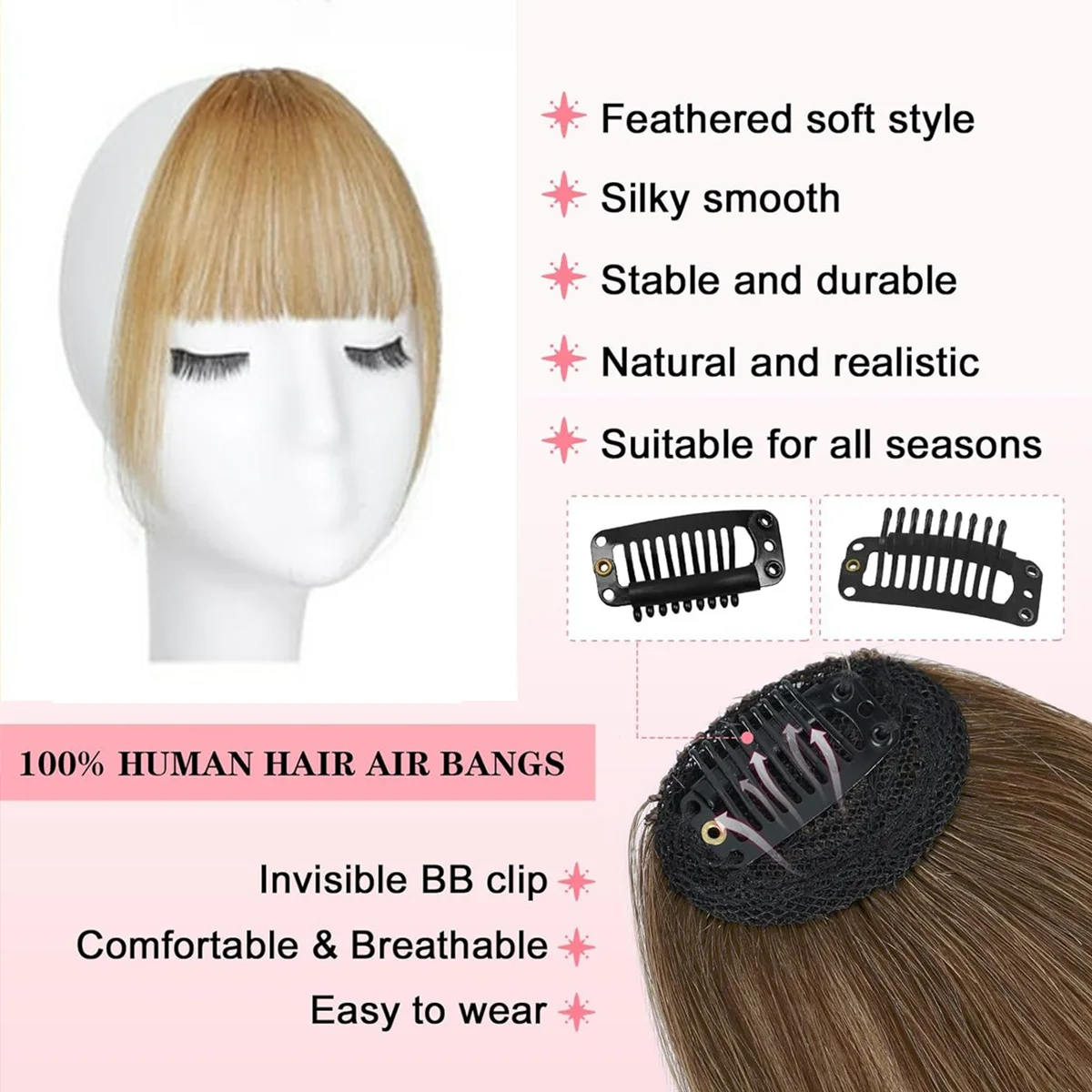 شعر بشري غرة فرنسية مع معابد، إكسسوارات شعر منحنية هامشية، مشبك في الانفجارات الهوائية، قطع شعر كاواي تغيير سريع