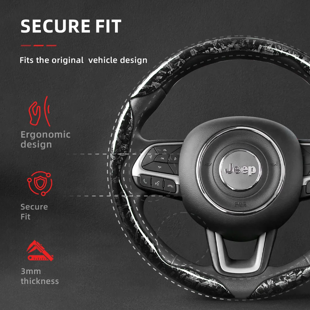 Suitable for Jeep, forged carbon fiber texture steering wheel cover, durable snap-on quick installation for Grand Cherokee, Compass, Wrangler, Renegade, Avenger, Grand Wagoneer, Gladiator, Commander, Meridian, black