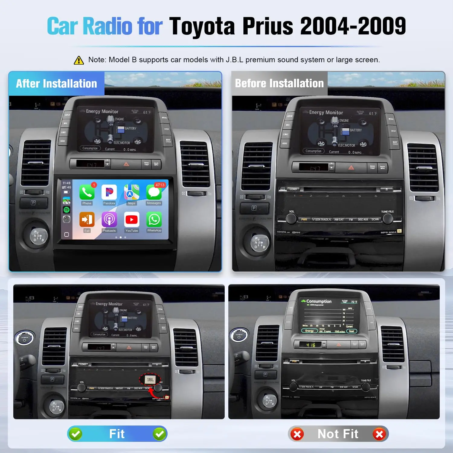شاشة لمس IPS مقاس 9 بوصة لوحدة رأس Toyota Prius مع كاميرا Carplay Android Auto Bluetooth FM GPS WiFi SWC + Can Bus (تناسب J.B.L)