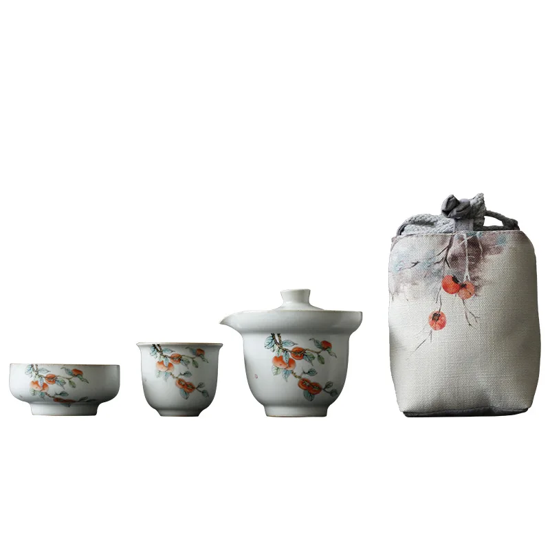 Ceramic Tea Set Chinese Style One Pot Three Cups Office Outdoor Convenience Storage Bag Travel Picnic Tea Set Decor Simple