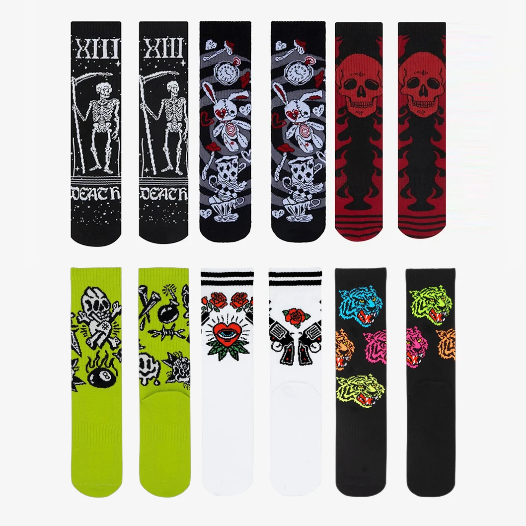 Harajuku Retro Gothic Schädel Tiger Rose Herz Skelett Puppe Crew Socken Elastische Unisex Baumwolle Strumpf Neuheit Chic Lange Socken