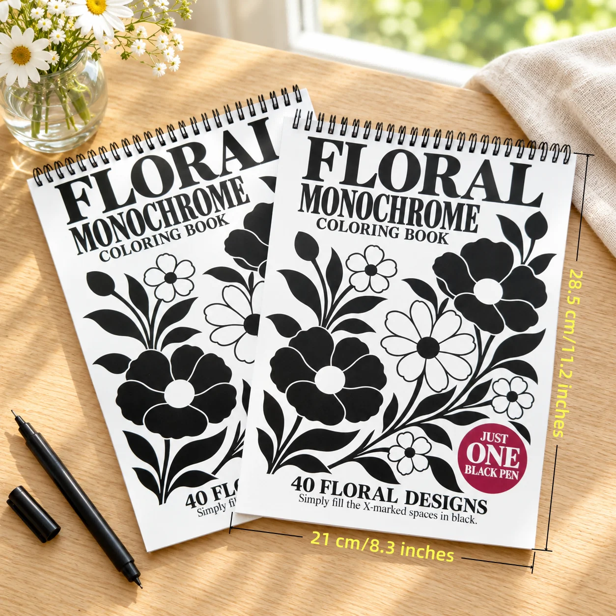 Floral Monochrome Coloring Book, 40 Flower Designs, One Black Pen, Botanical Patterns, Floral Art, Spiral Bound, Adult Coloring
