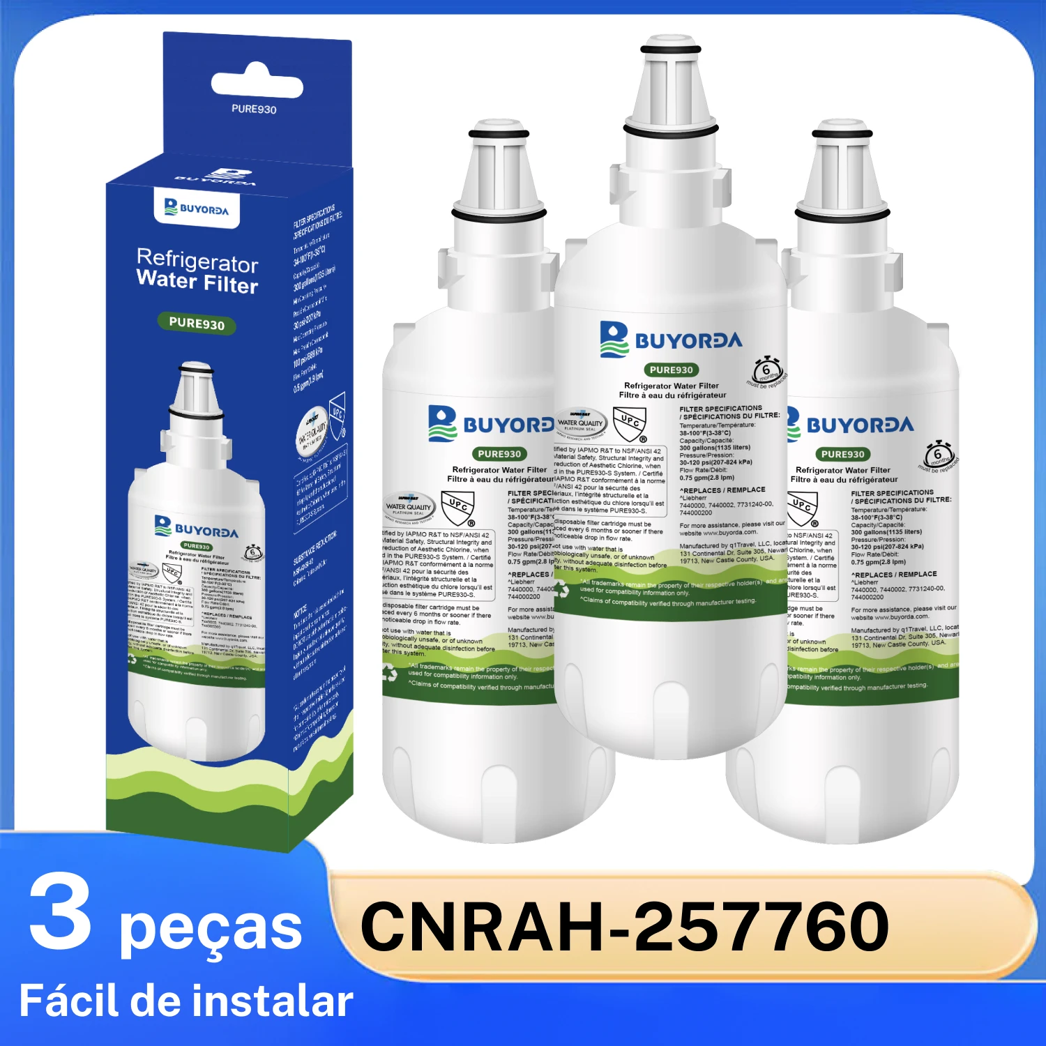 Filtro De Agua Para Geladeira De Substituicao 7440000 7440002 - Compativel Com for Liebherr 7731240-00 744000200 Carvao Ativado Sabor Puro Controle De Odores 3 Pack