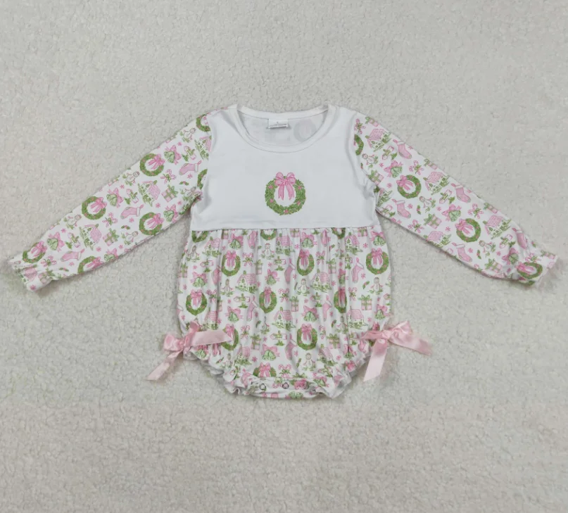 

LR2325 Newborn Girls Long Sleeve Holly Bows House Print Bubble Rompers Baby Girls Christmas Romper