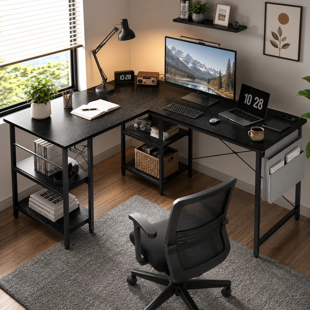 Escritorio negro en forma de L y recto, 2 opciones de montaje, con estantes ajustables para oficina, hogar y juegos