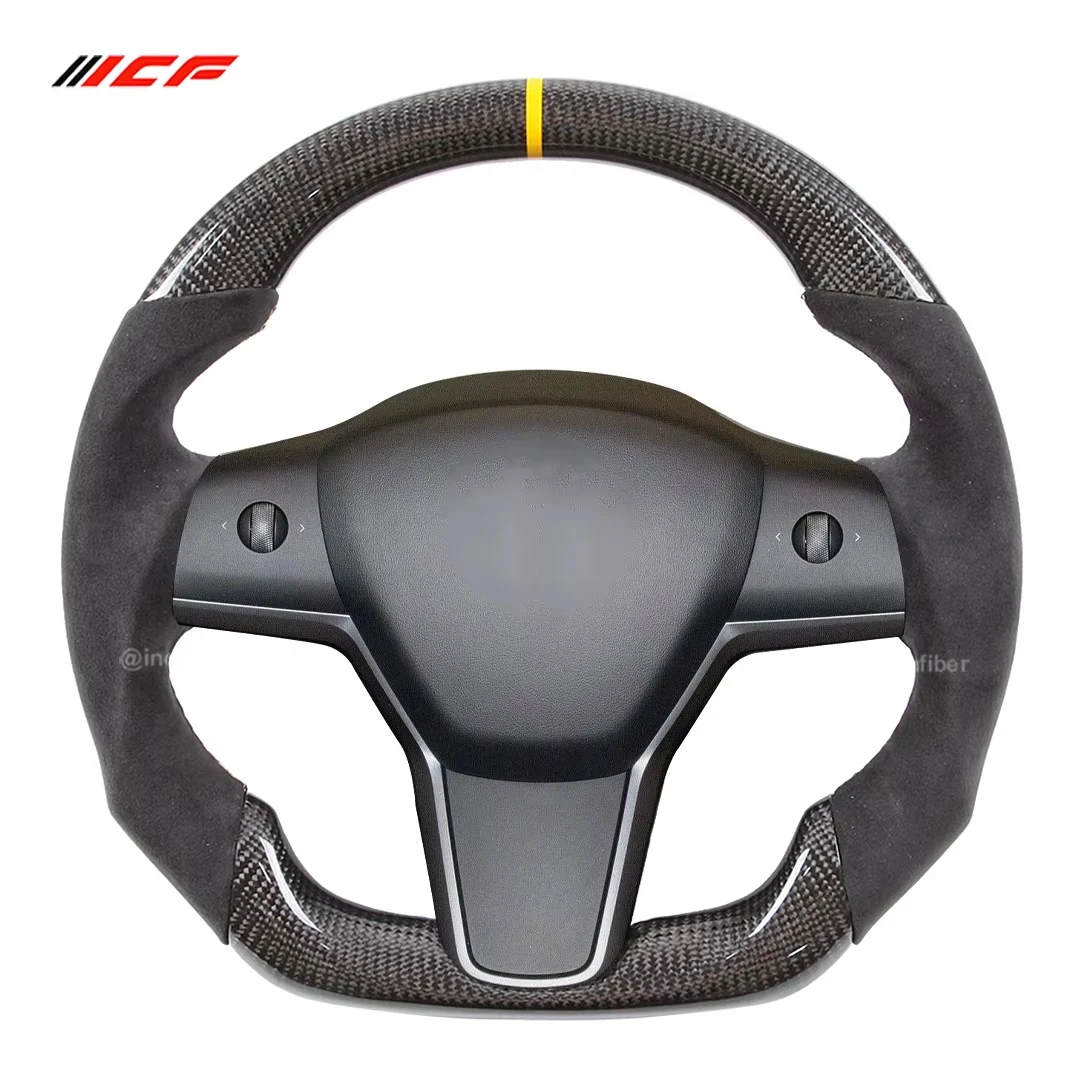 ICF Carbon Fiber Steering Wheel Suede Leather for Tesla Model Y Model 3 Multiple Customized Solutions