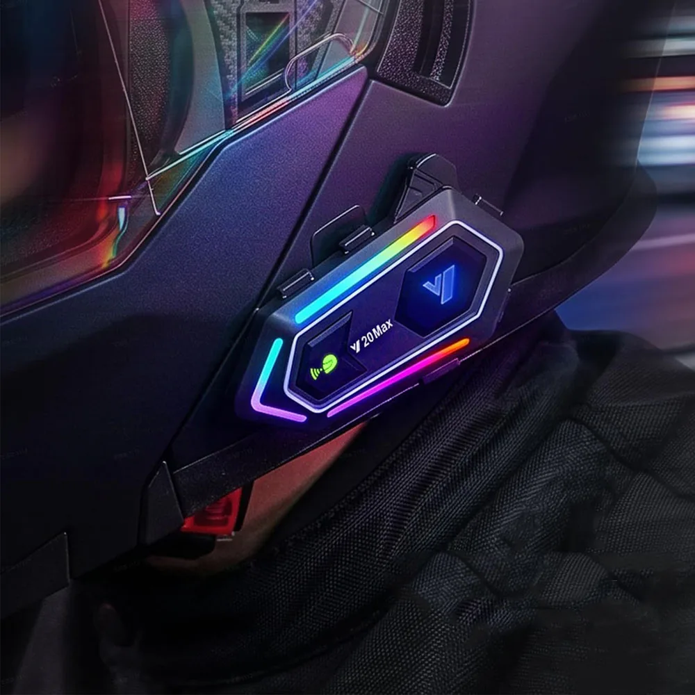 1pc Y20 MAX Motorcycle Helmet Bluetooth Headset Intercom RGB Colorful Light With Mixing V5.3 Effect 1000mAh Battery