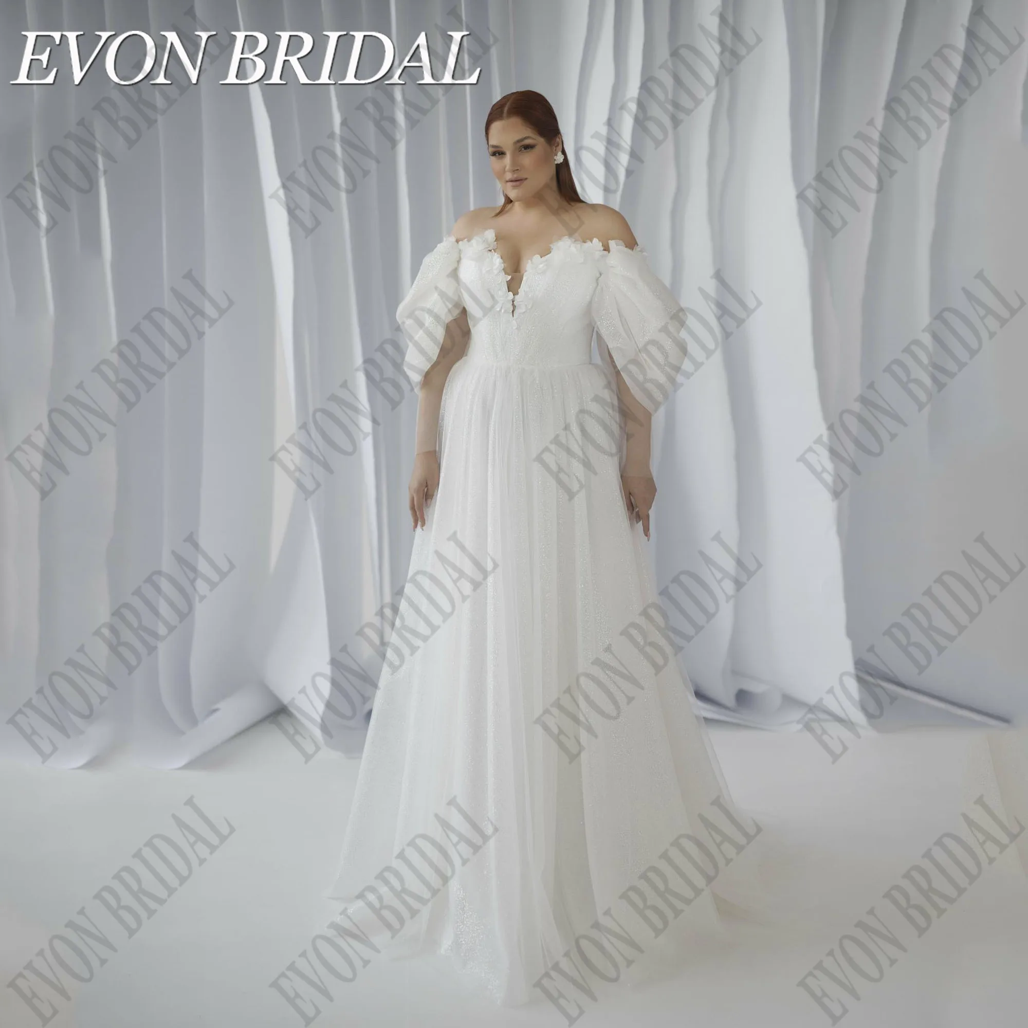 

EVON BRIDAL 3D Flowers Glitter Wedding Dresses Plus Size Off Shoulder V Neck Sparkly Bridal Dress Customized vestidos de novia