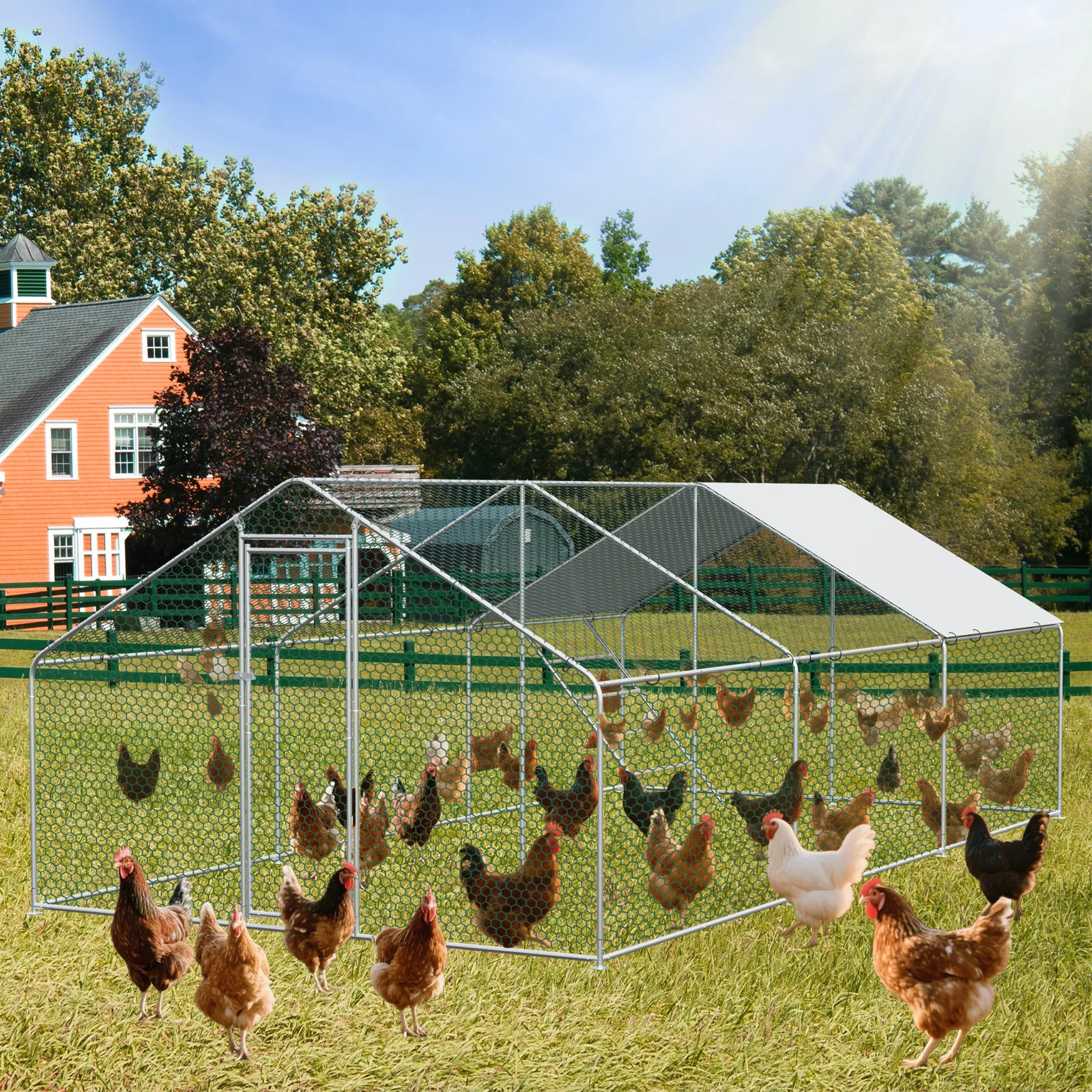 Poulailler extérieur 3x6x2m avec serrure sécurisée et couverture imperméable, enclos métallique pour poulets, lapins et petits animaux