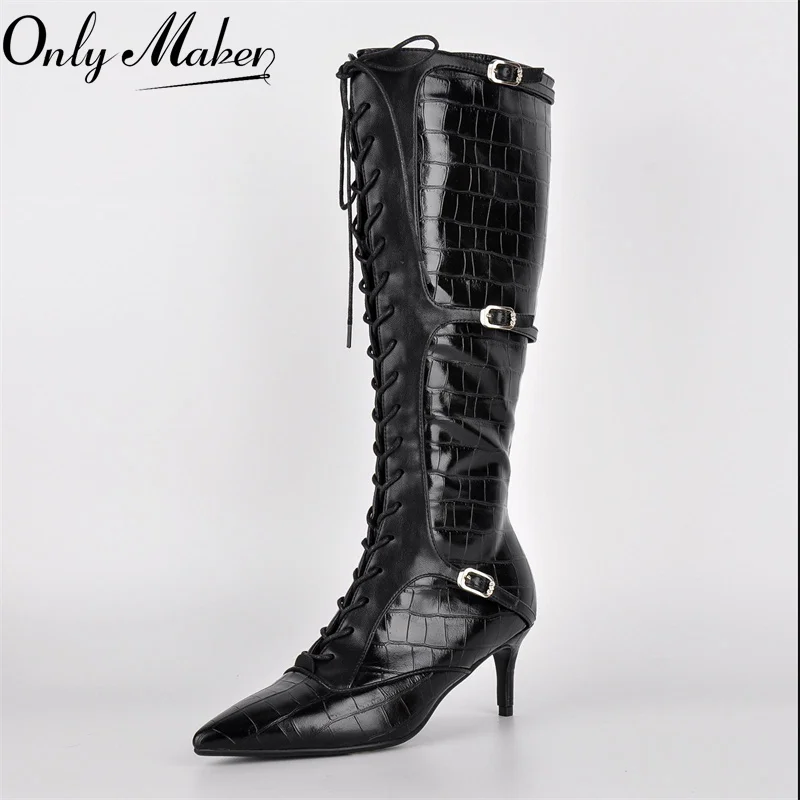 

Onlymaker Women Pointed Toe Lace Up Knee-high Boots Thin Heel Side Zipper Fashion Elegant Faux Leather Boots