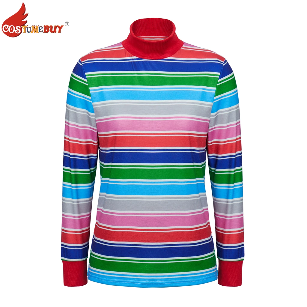 Movie Ghost Doll Killer Chucky Cosplay Inspired Costume Rainbow Stripe Long Sleeve T-Shirt Unisex Adult Casual Pullover Shirt