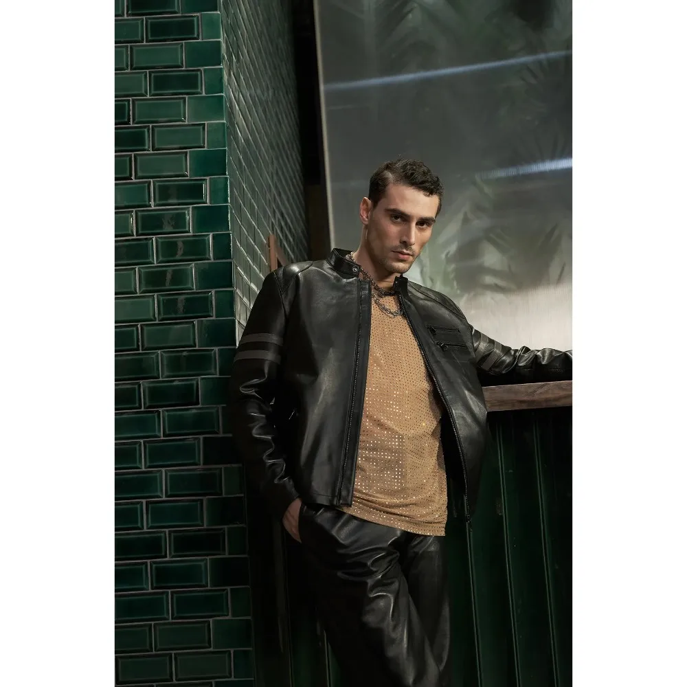 Men's Judge Collar Slim Cut Genuine Leather Coat Black Genuine Lambskin Durable Quality Waterproof Sportswear Biker Jacket