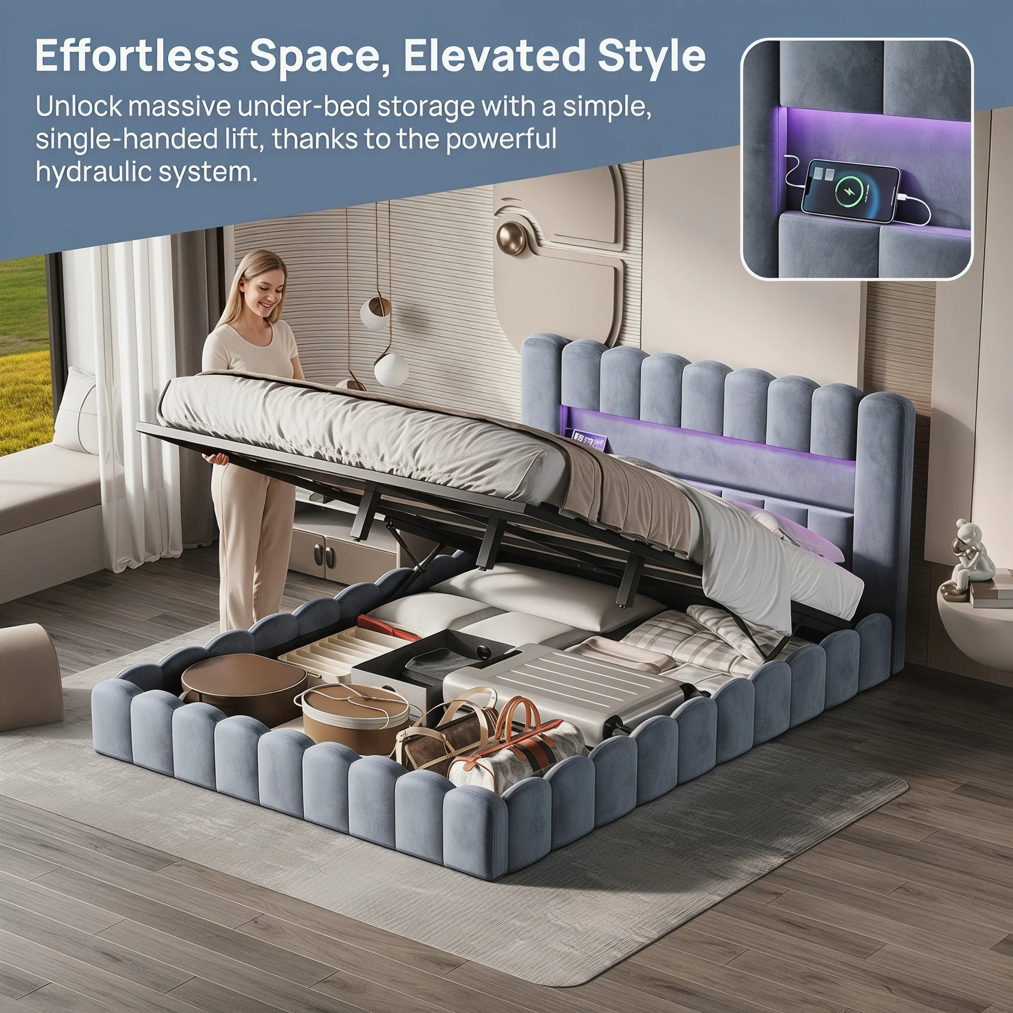 Cama tapizada Superaly de 180x200cm con almacenamiento y elevación hidráulica, estructura de cama Queen con iluminación LED y cabecero capitoné festoneado, cama de plataforma de terciopelo, gris
