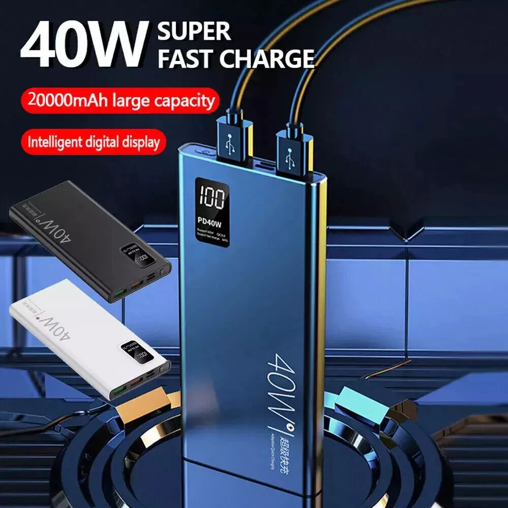 Banco de energía de alta capacidad de 40W y 20000mAh, carga ultrarrápida, compatible con iPhone, Samsung, Huawei y otros teléfonos móviles.