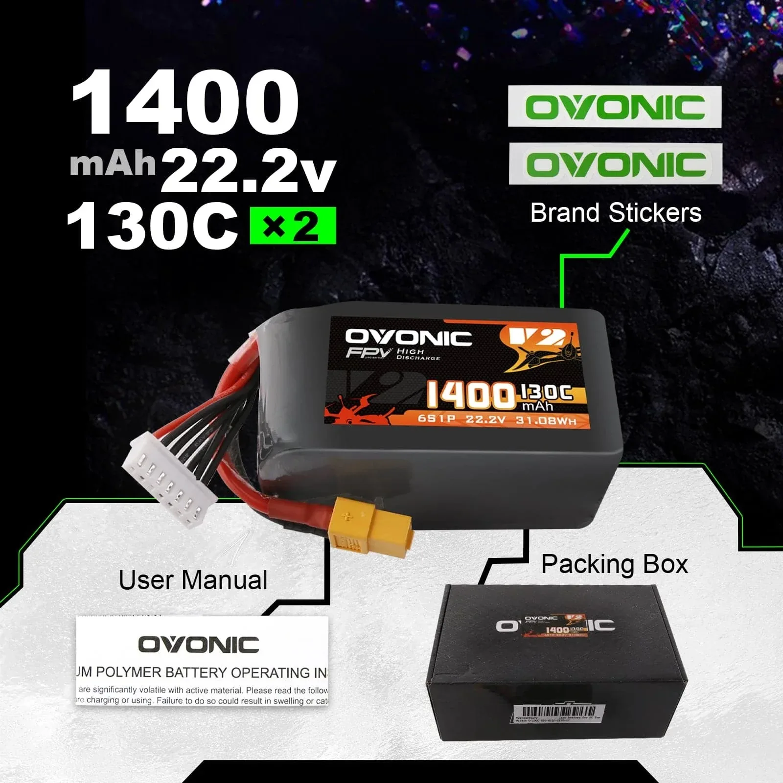 Ovonic 6S LiPo Battery 22.2V 1400mAh 130C, XT60 Plug FPV Battery for 5-6 Inch Racing, Freestyle & Cinewhoop Drones, Optional 2-Pack / 4-Pack view 5