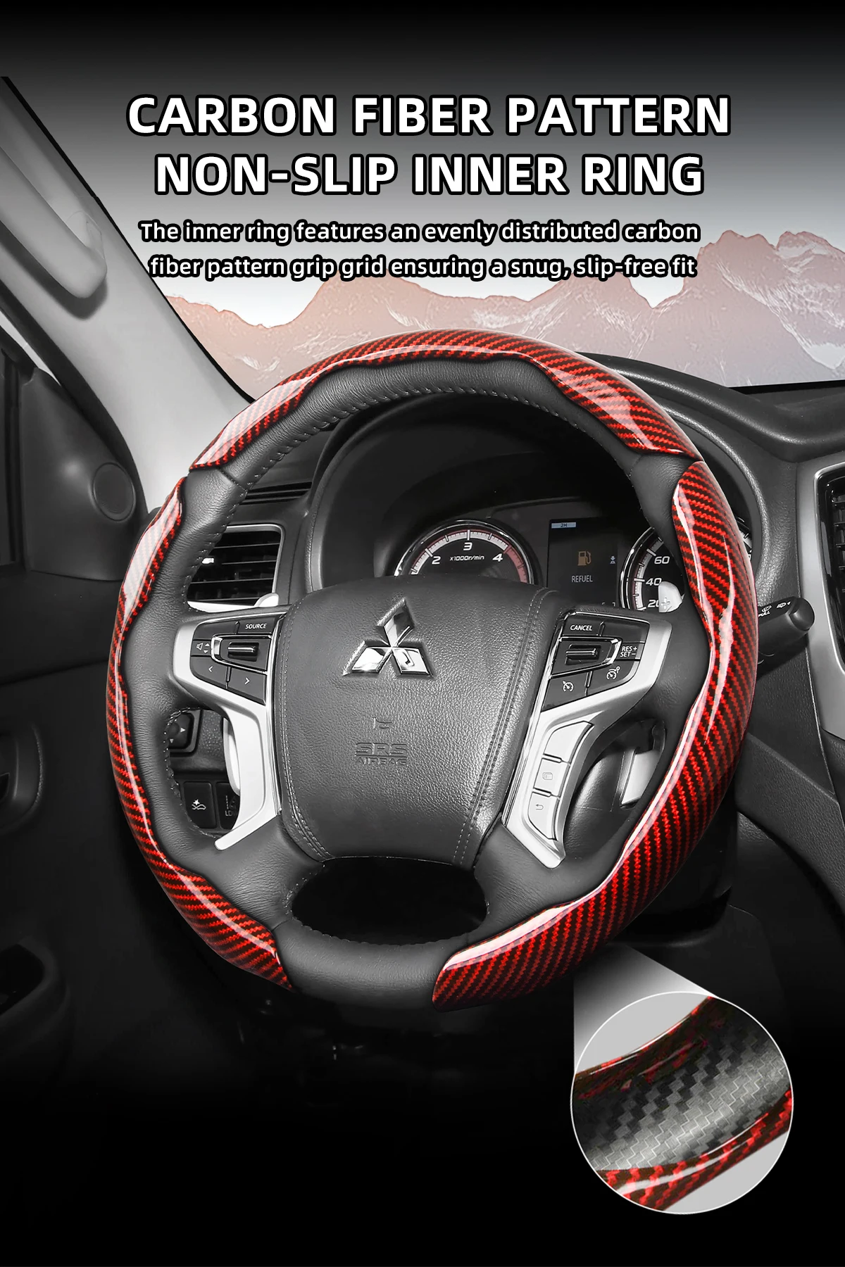 Passend für Mitsubishi Sportliches Glänzendes Carbonfaser-Textur Lenkradbezug mit Snap-On-Design für Triton L200 Xpander Pajero Montero Outlander Sport Asx Rvr Xforce Eclipse Cross Mirage Attrage Colt – Detail 8