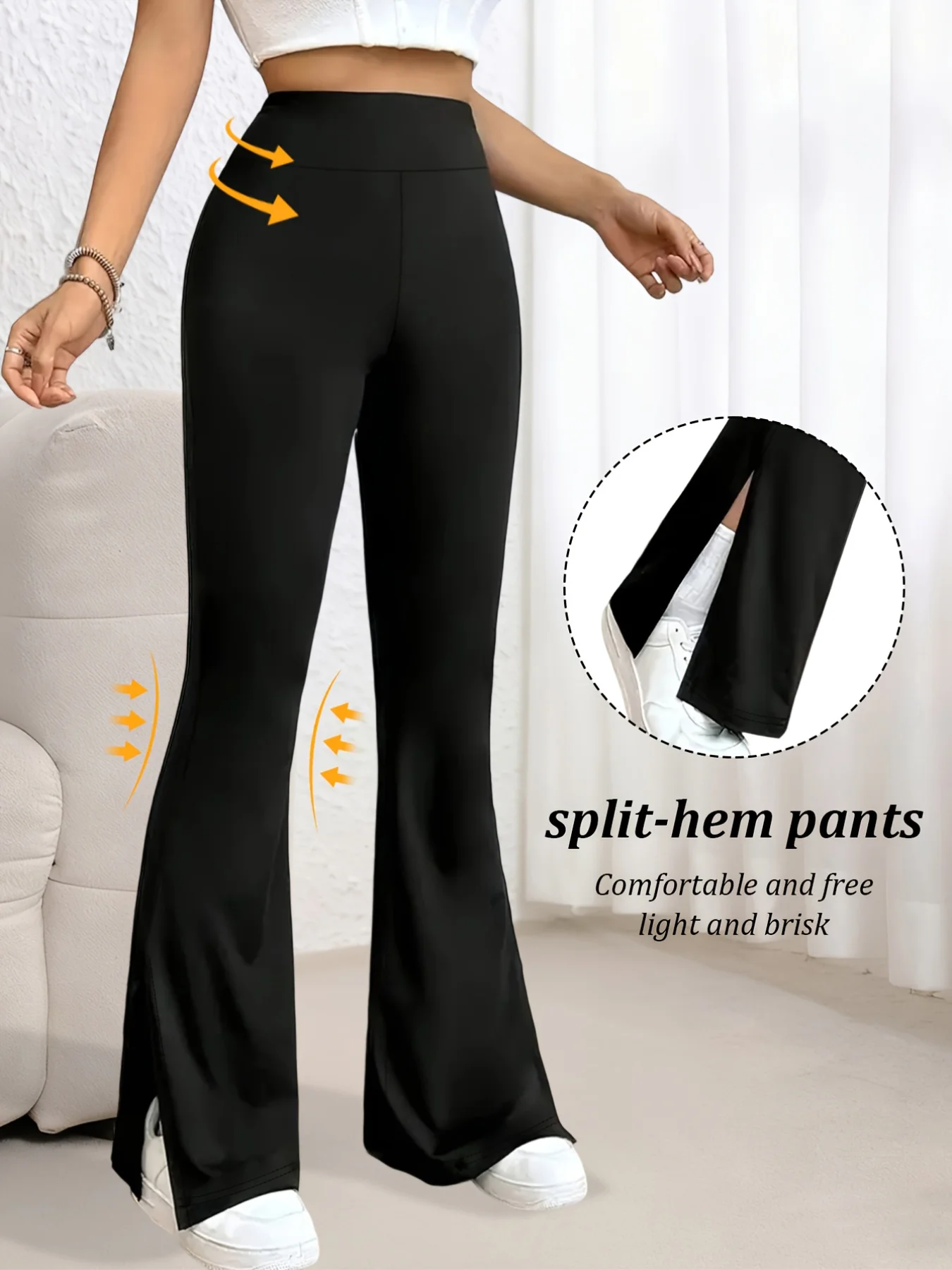 A Pair Of Women's Leggings, Thin For Summer, With Split Hem Design And High Waist Elasticity, Suitable For Sports Yoga
