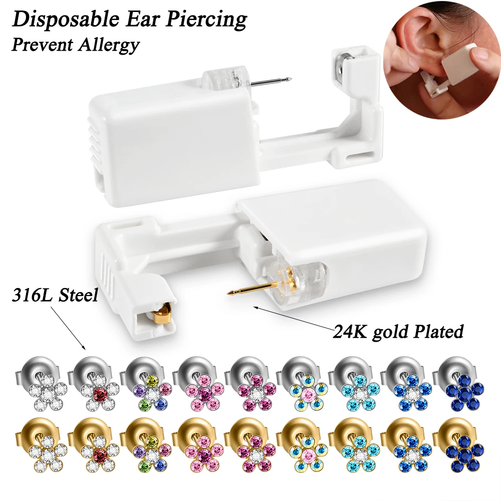 1PC Einweg-Ohrpiercing-Einheit, nickelfrei, chirurgischer Stahl 316L/24K vergoldet, Gänseblümchen-Ohrstecker, ohne Schmerzen, Piercer-Maschine