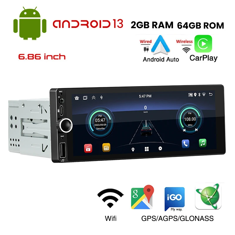 1 Din Android Car Radio Wireless CarPlay Android-Auto Wifi Bluetooth Handsfree GPS FM RDS USB 6.86